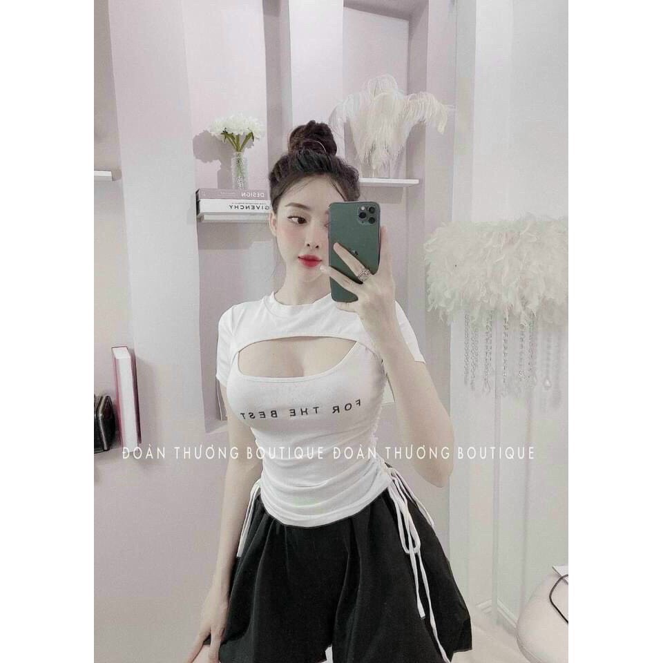 Áo Kiểu Borip In Chữ FOR THE BEST Hở Ngực Rút Hai Bên Eo Sành Điệu Style Hàn Quốc HOT TREND TTSLA0653