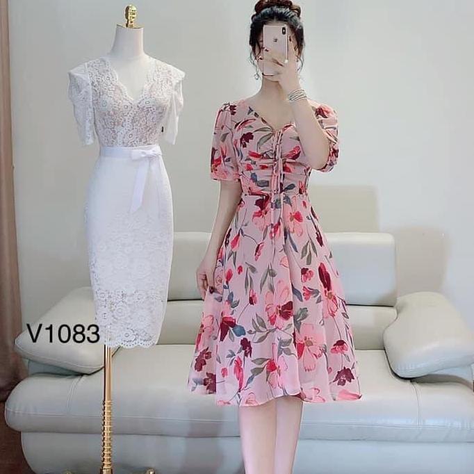 Đầm xòe voan in hoa cao cấp V993