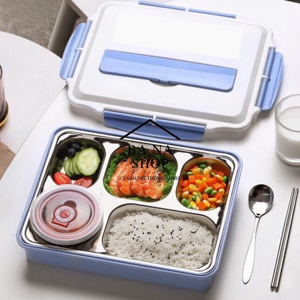 Hộp cơm văn phòng inox 5 ngăn giữ nhiệt nắp đậy chống tràn tặng kèm đũa thìa inox tiện ích khay đựng cơm inox 304 - giao màu ngẫu nhiên