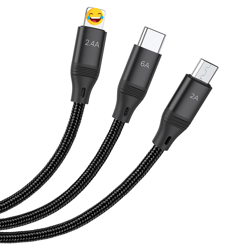 Cáp sạc 3 đầu Hoco U104 cổng microUSB / Lightning / Type-C dài 1.2M, max 6A, 66W - Nhất Tín Computer