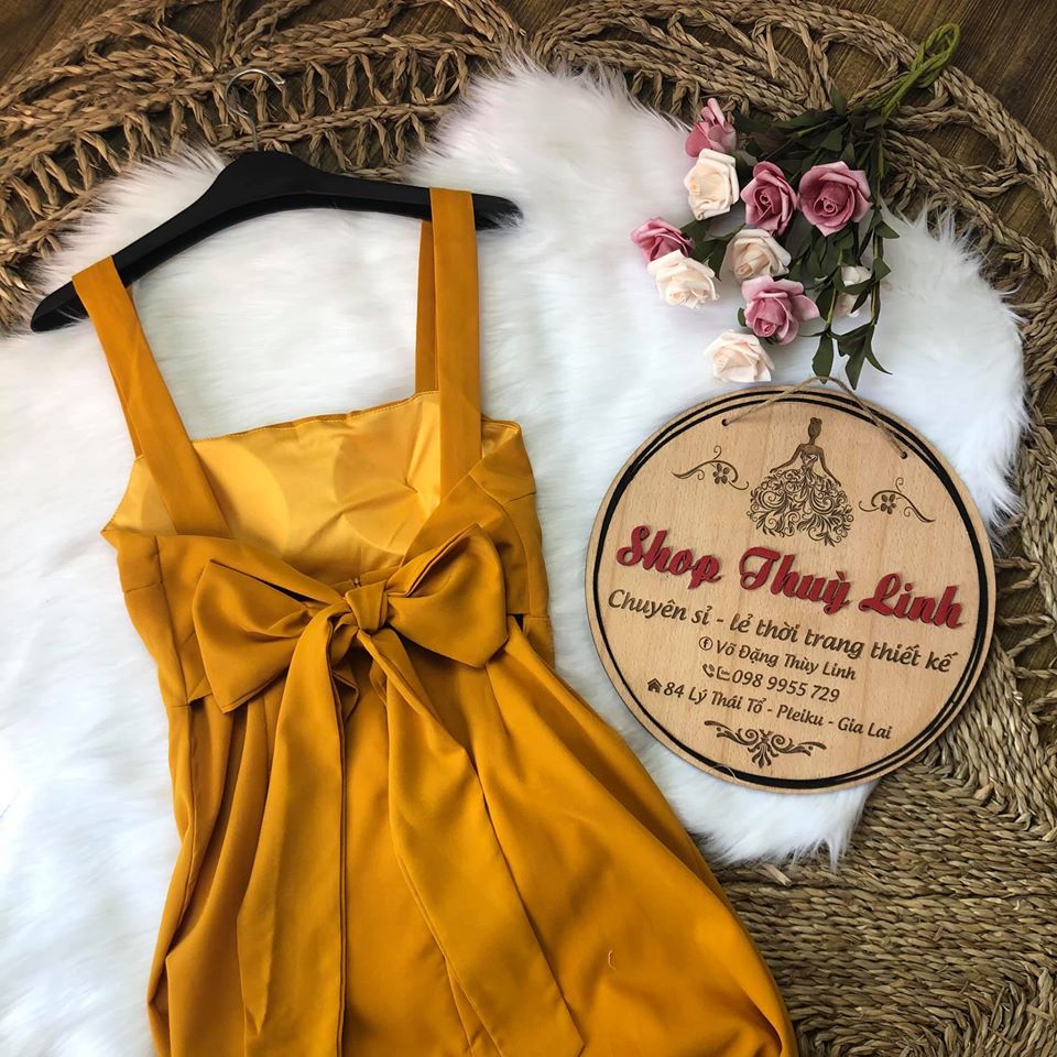 Đầm maxi vàng hở lưng cột nơ - Hình thật
