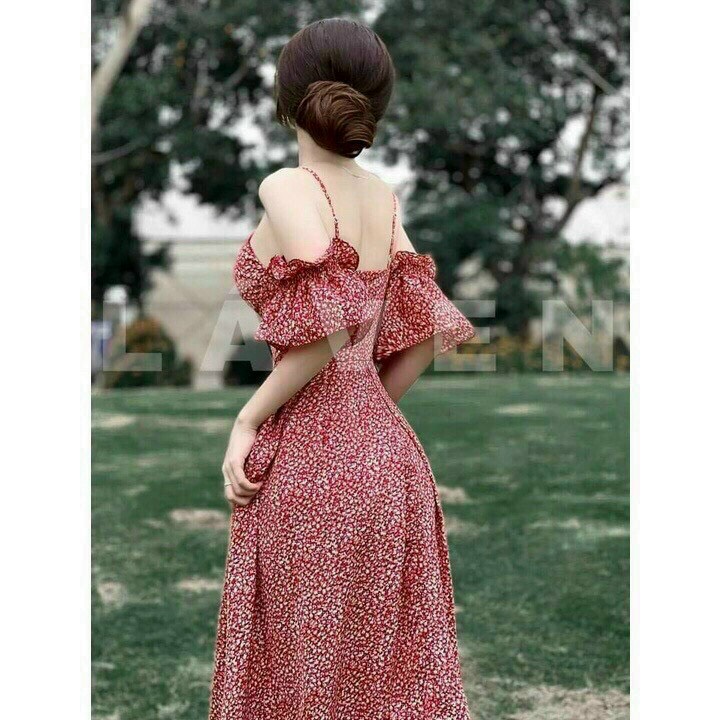 Đầm hoa nhí tiểu thư vintage, đầm maxi hoa 2 dây rớt vai tay búp dáng dài, đầm hoa trễ vai 2 dây xòe đi biển, sống ảo cực xinh