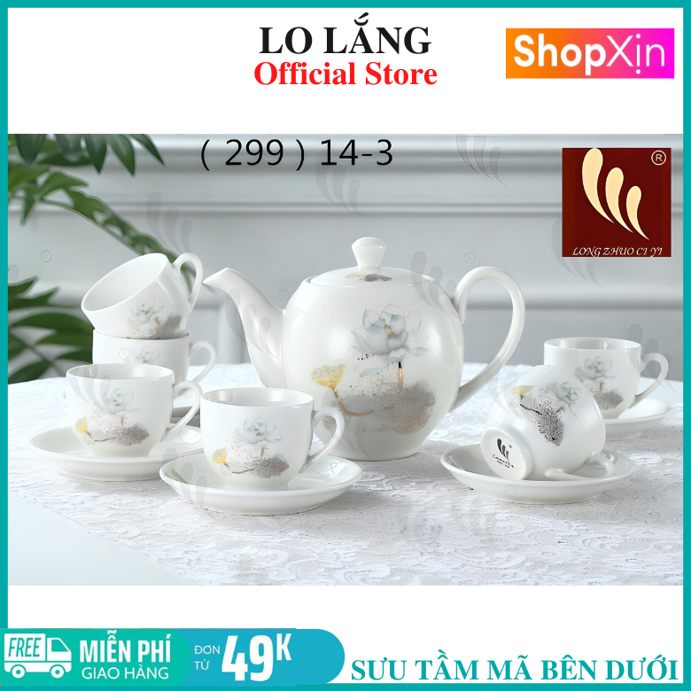 Bộ tách trà gốm sứ hoa sen nhụy vàng gồm 6 ly và 7 dĩa bằng sứ cao cấp