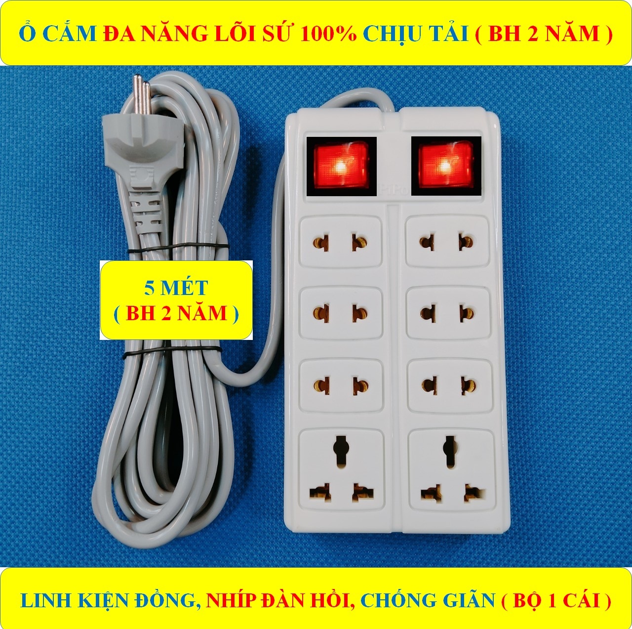 Ổ cắm điện ĐA NĂNG liền dây CHỊU TẢI CAO + BH 2 NĂM + Dây dài 3 mét/5 mét + 2 Công tắc + 8 Ổ cắm đa năng LÕI SỨ chịu tải, chịu nhiệt HÀNG LOẠI 1 cao cấp (bộ 1 sản phẩm)
