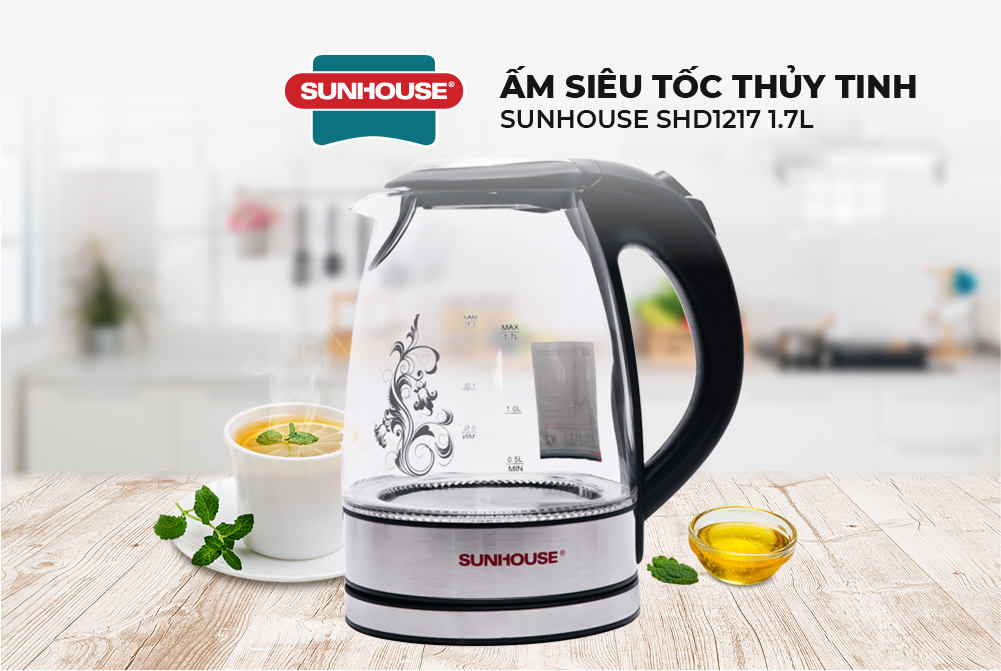 Ấm siêu tốc thủy tinh Sunhouse SHD1217 1.7L (Trong suốt)