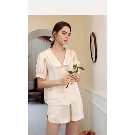 Bộ đồ ngủ lụa cộc tay, bộ pijama lụa tiểu thư cao cấp (BN003)