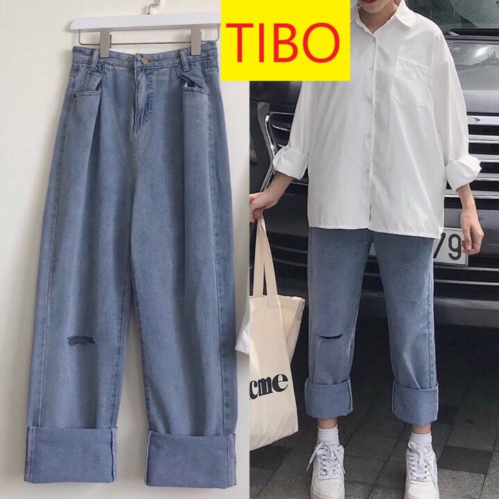 [ ĐÀO HOA ] QUẦN JEAN ỐNG RỘNG NỮ LƯNG CAO RÁCH GỐI PHẢI MÀU XANH CAO CẤP TIBO ĐỦ SIZE S, M, L LAI CUỐN FORM ĐẸP, DÁNG CHUẨN, CỰC CUTE SIÊU THỜI THƯỢNG
