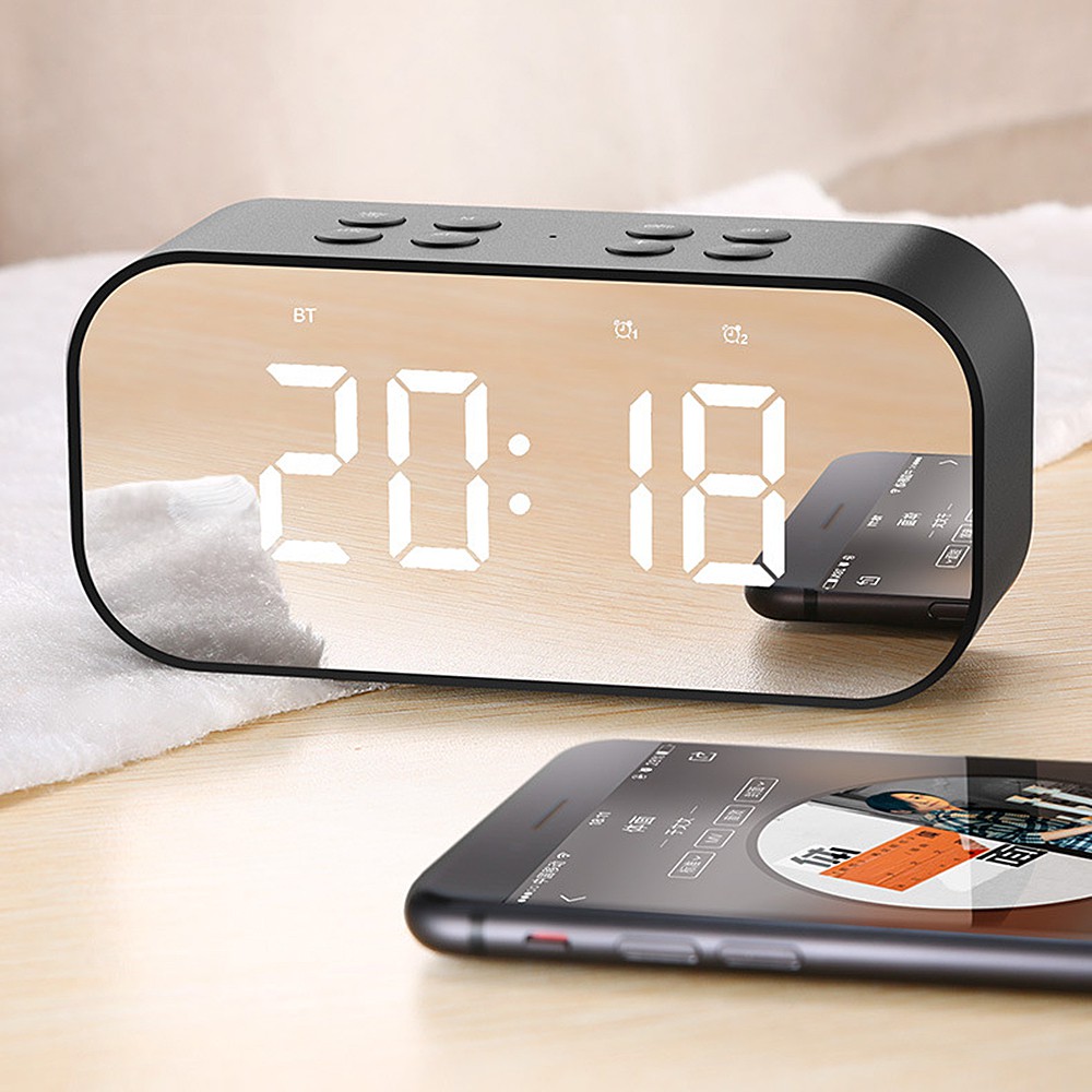 LOA BLUETOOTH MINI TRÁNG GƯƠNG KÈM ĐỒNG HỒ BÁO THỨC .