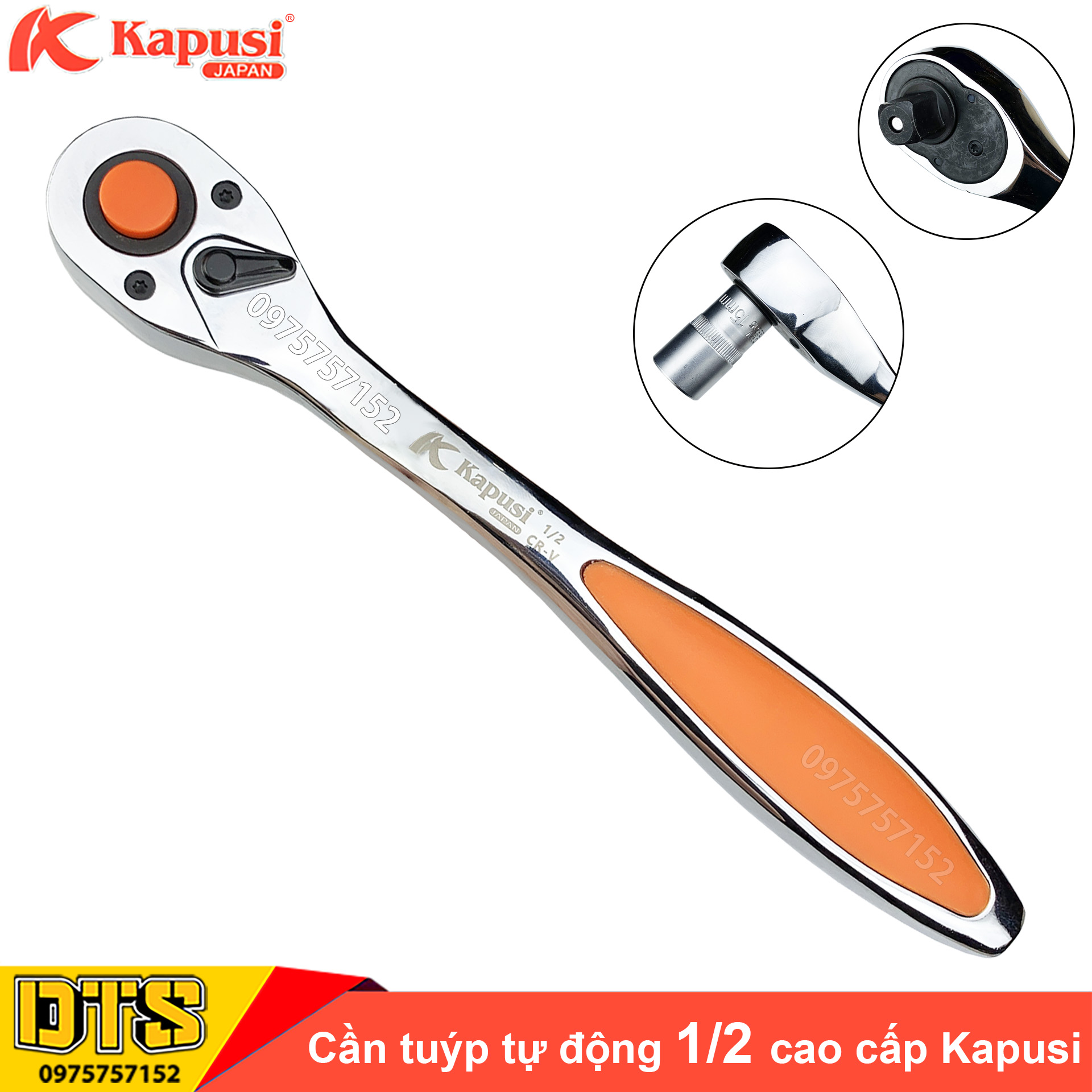 Cần siết tự động hai chiều 1/2 inch dài 25,5cm Kapusi Japan Nhật Bản cao cấp, tay vặn khẩu tự động đảo chiều thép CR-V nguyên khối, tay vặn tự động, cần tuýp, tay vặn khẩu đảo chiều, cần lắc tự động, cần tay lắc