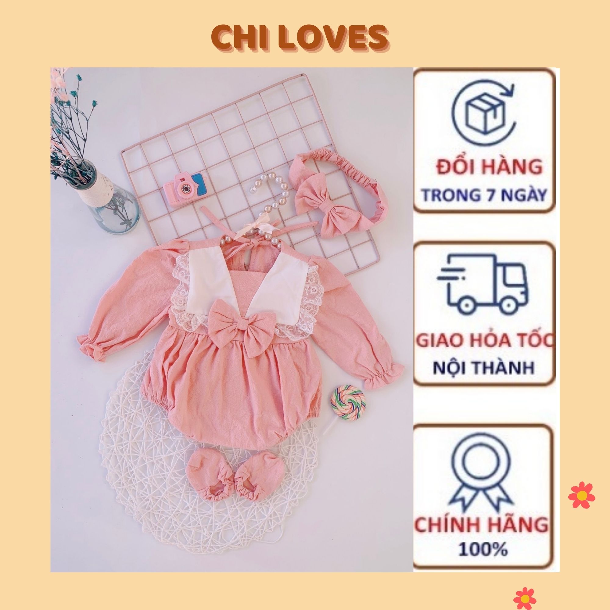 Bodysuit cho bé gái thiết kế dài tay CHI LOVES Body cho bé gái chất ren