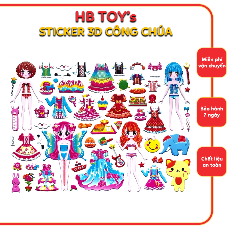 Sticker 3D công chúa nhiều trang phục cho bé sáng tạo phong cách cho nhân vật - HB TOYs