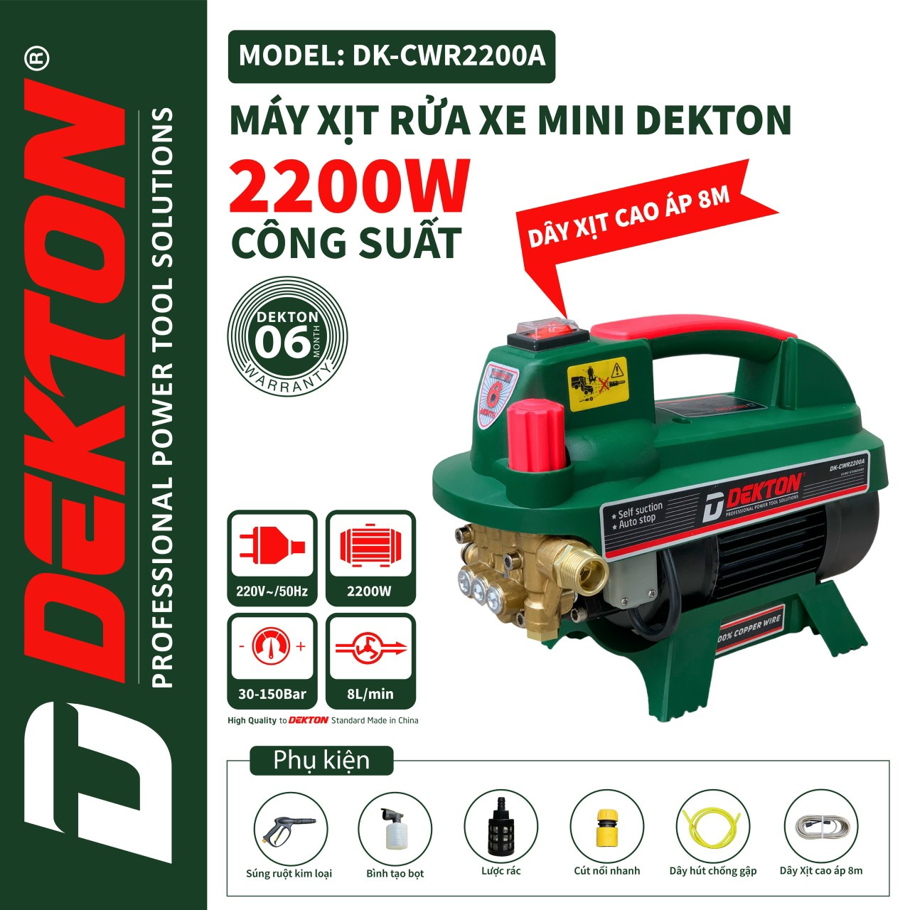 Máy rửa xe trực tiếp Dekton DK-CWR2200A (2200w, có chỉnh áp)