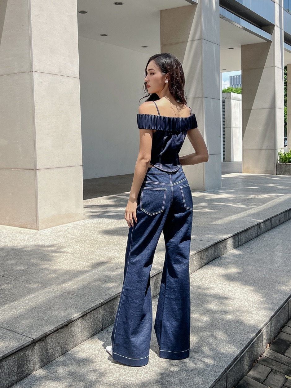 COCO SIN - Quần Jean Xanh Loe Phối Túi