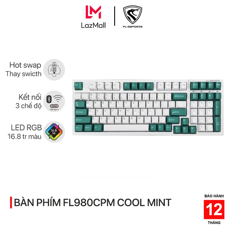 Bàn phím cơ không dây FL-Esports FL980CPM Cool Mint RGB - Led RGB - 3 chế độ kết nối - Kailh Switch - Hàng chính hãng