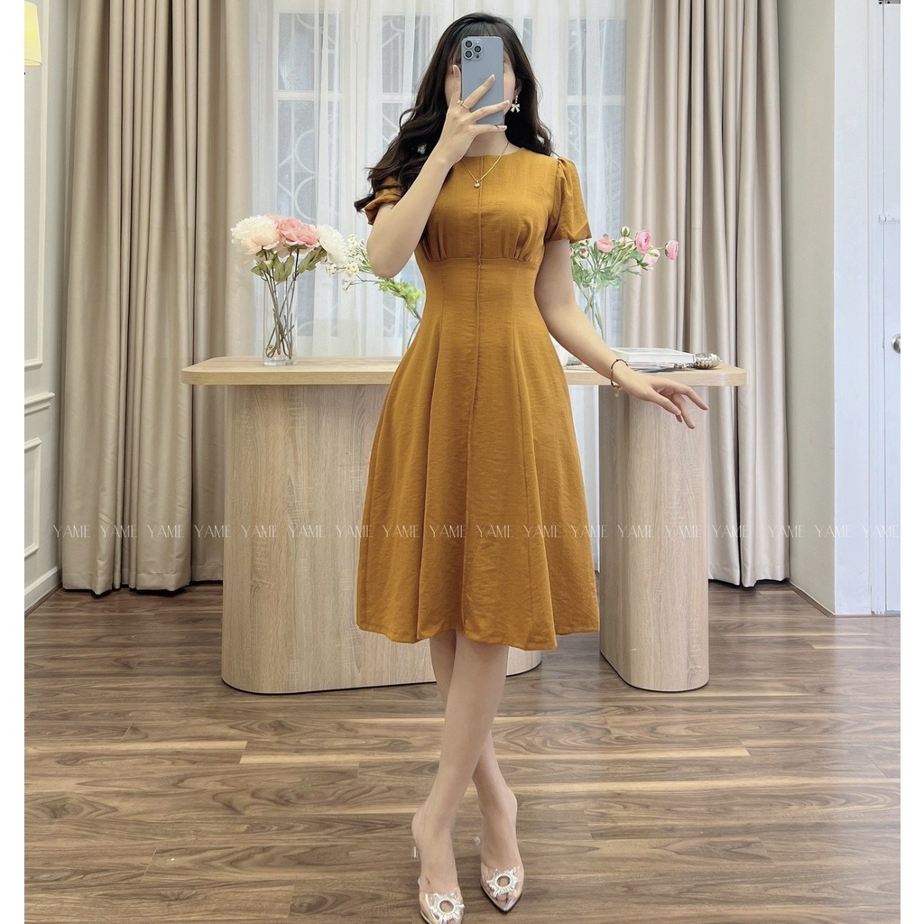 Váy chữ a chiết eo, đầm chữ a dáng cổ tròn dáng xòe yv161 yame