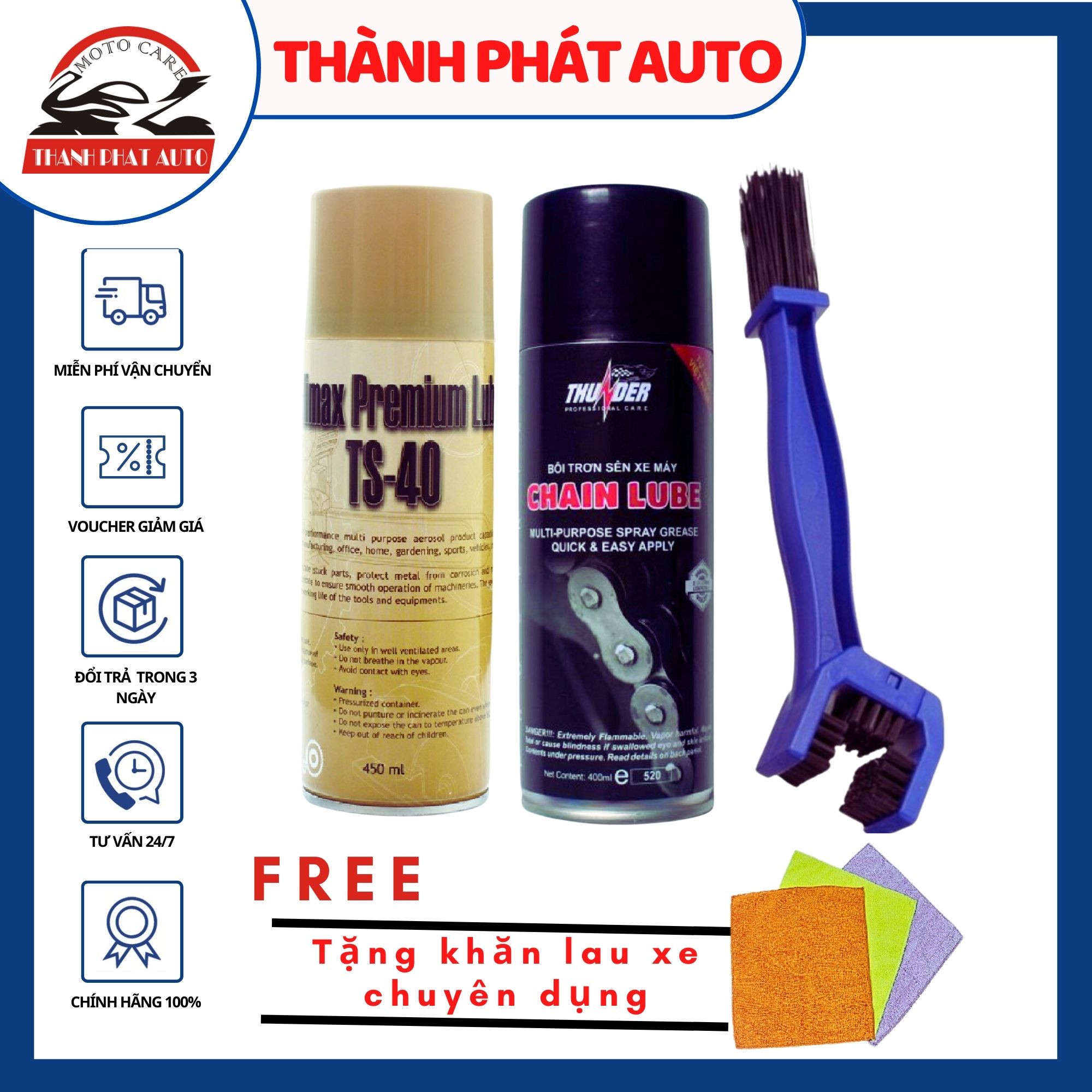 [HCM]Bộ Combo Rửa sên TS-40 450ml Bôi trơn sên Thunder 400ml Bàn chải vệ sinh sên tặng kèm khăn lau sên chuyên dụng