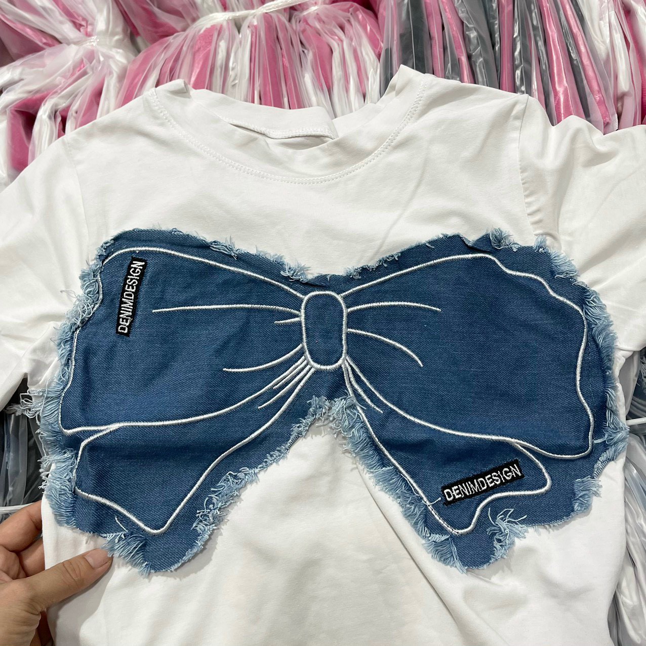 Áo thun croptop nữ phối nơ jean xanh tay ngắn ôm body siêu hot tu3
