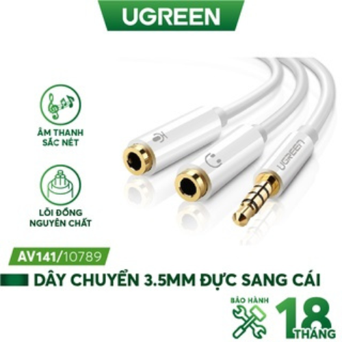 Dây chuyển đổi 3.5mm đực sang hai đầu 3.5mm cái vỏ nhựa ABS hai đầu tách đôi (1 đầu hỗ trợ MIC, 1 đầu hỗ trợ âm thanh) dài 20CM UGREEN 10789 - Hãng phân phối chính thức