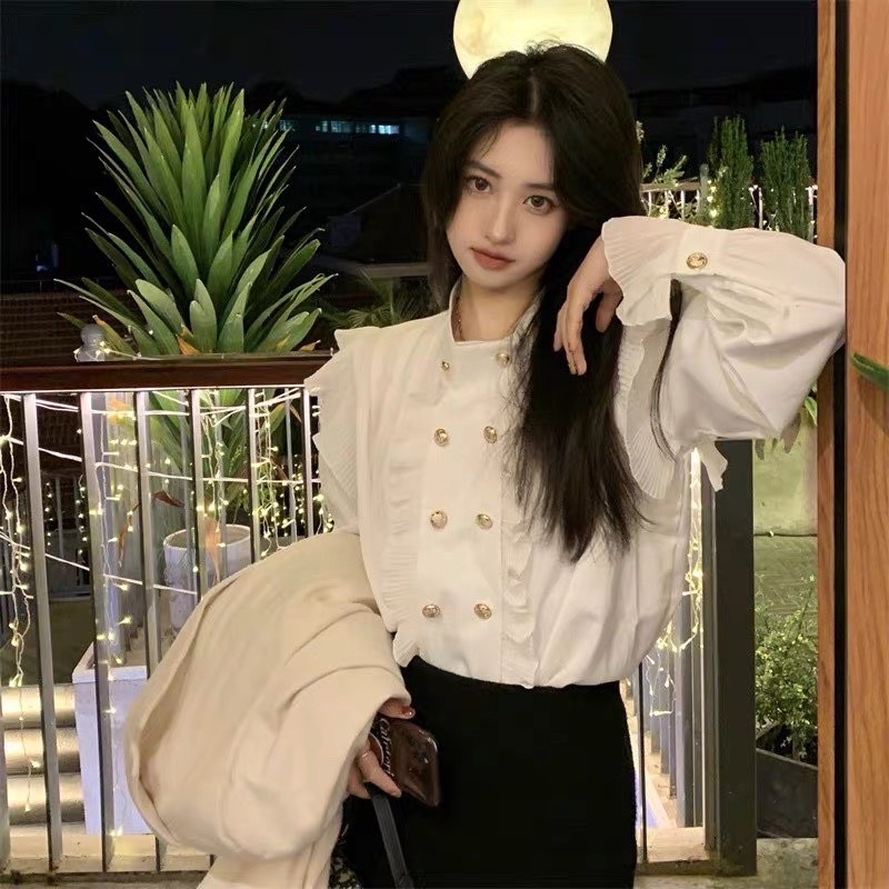 Áo sơ mi tiểu thư phối ly - 2 hàng cúc siêu hot 2022