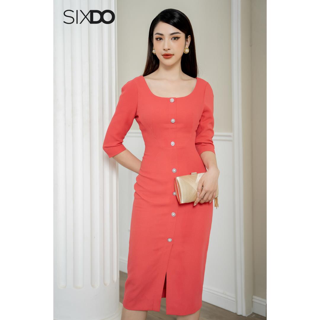 Đầm đỏ dáng ôm phối cúc SIXDO (Red Horn-buttons Midi Dress)