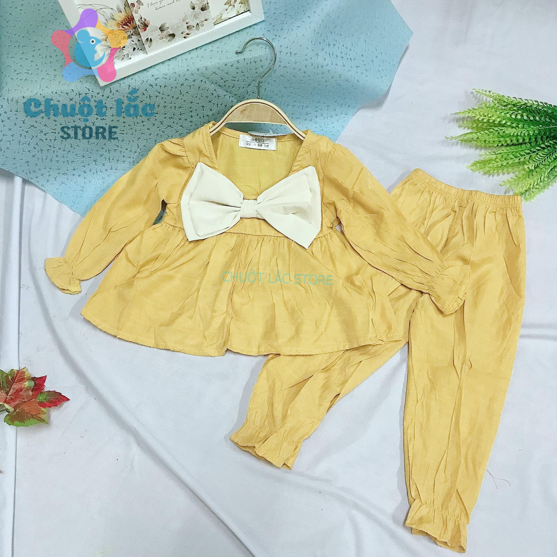 Bộ quần áo bé gái dài tay chất đũi tơ xước mềm mại kiểu babydoll nơ xinh cho bé từ 8kg đến 22kg
