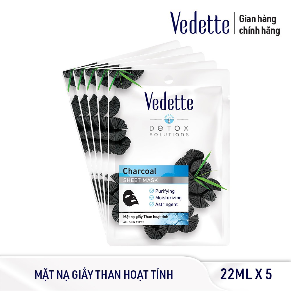 Combo 5 Mặt Nạ Giấy Than Hoạt Tính Vedette 22ml x 5