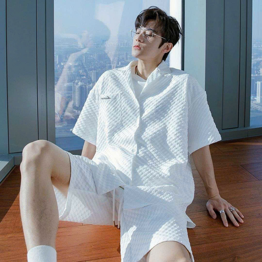 Bộ quần áo nam, bộ thể thao nam áo tay ngắn quần short dáng rộng thời trang Phối Dây Rút bản to Thời Trang Unisex