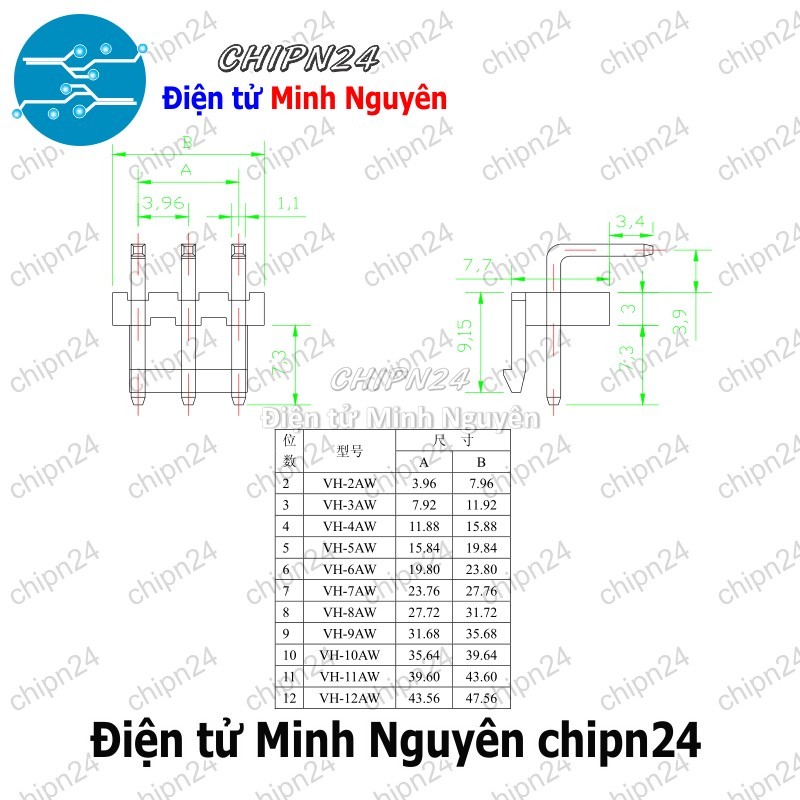 (F309) Header VH3.96 Đực Cong (2P/3P/4P/5P/6P/7P/8P/9P/10P/11P/12P 3.96 3.96MM) - [Chọn Loại] - HHH.00230