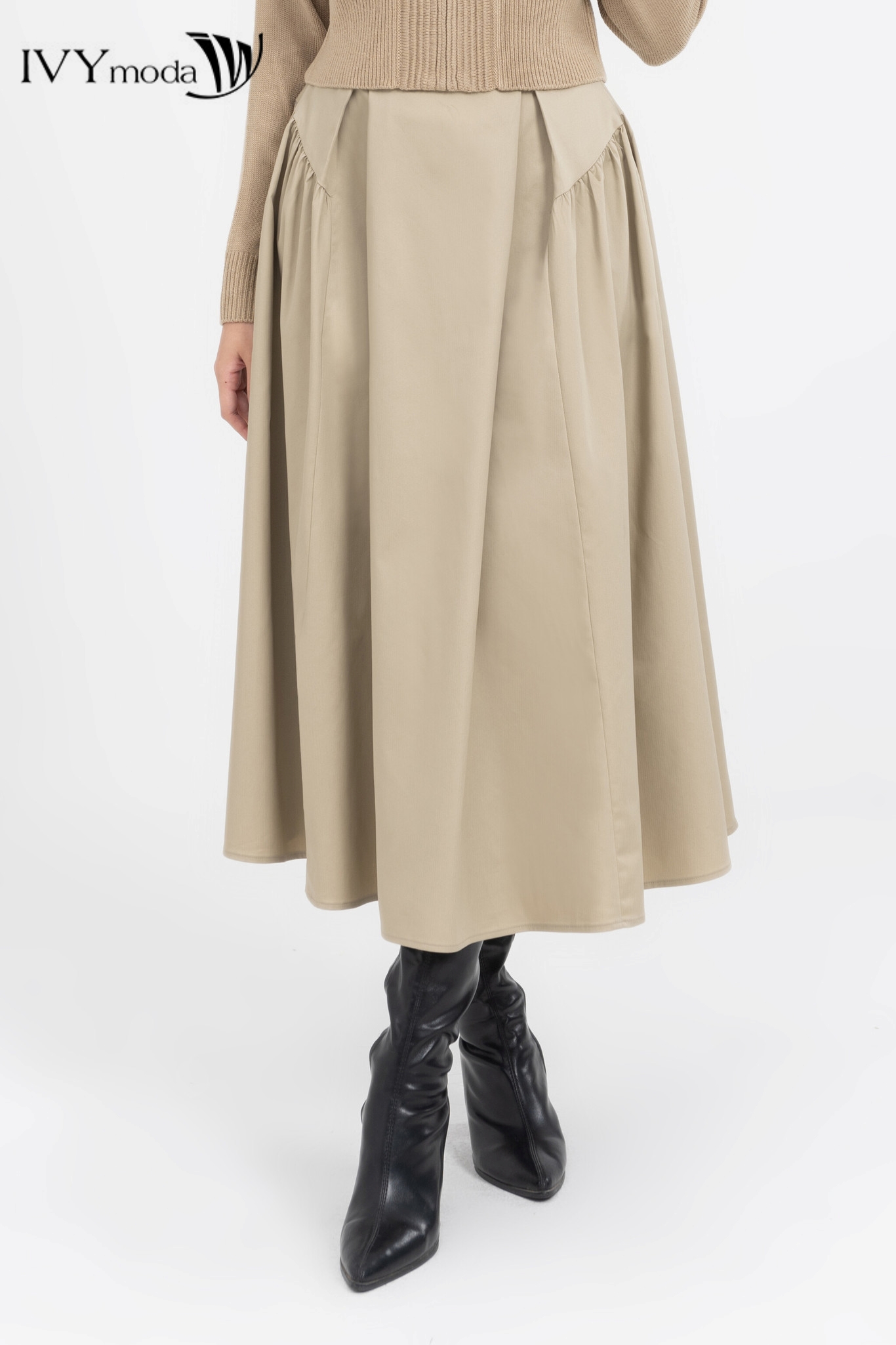 Chân váy khaki nữ dáng xòe, Chân váy công sở dạo phố nữ IVY moda MS 30M8113
