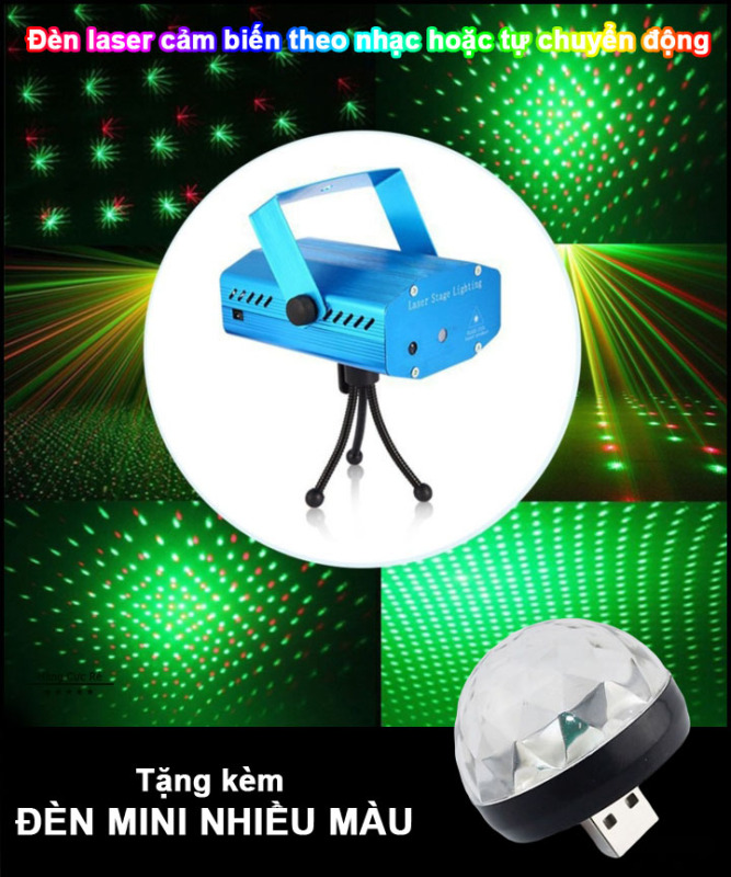 Cleanses Đèn laser cảm biến theo nhạc hoặc tự chuyển động Tặng kèm đèn mini nhiều màu - Đèn led trang trí sân khấu vũ trường