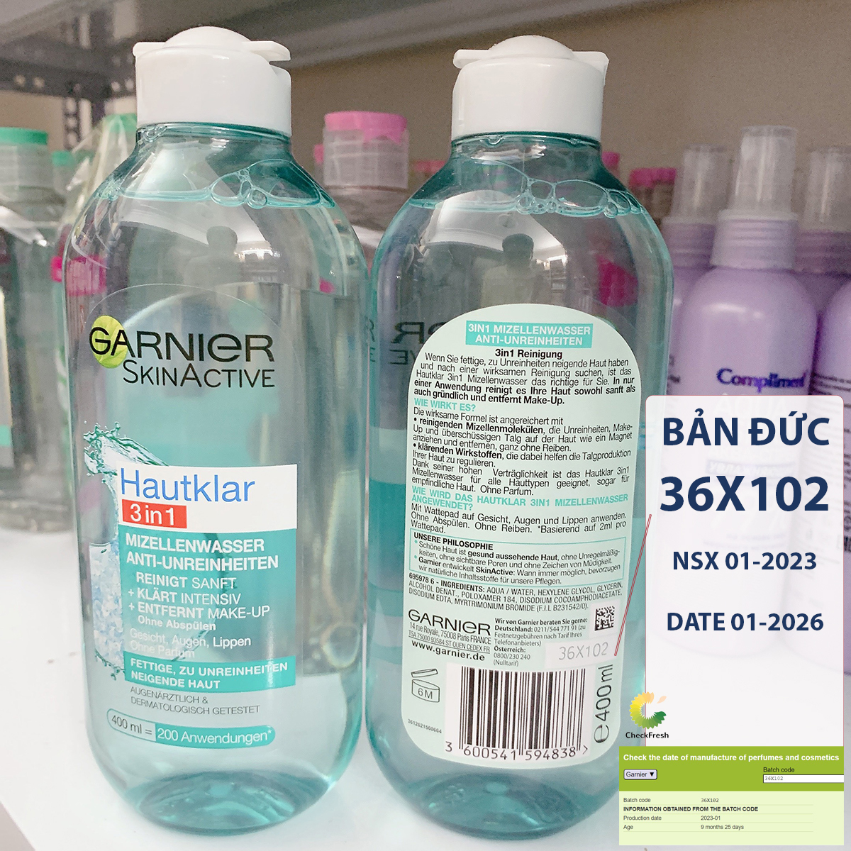 Tẩy trang Garnier Micellar bản Nga Đức Pháp - Lọ 400ml