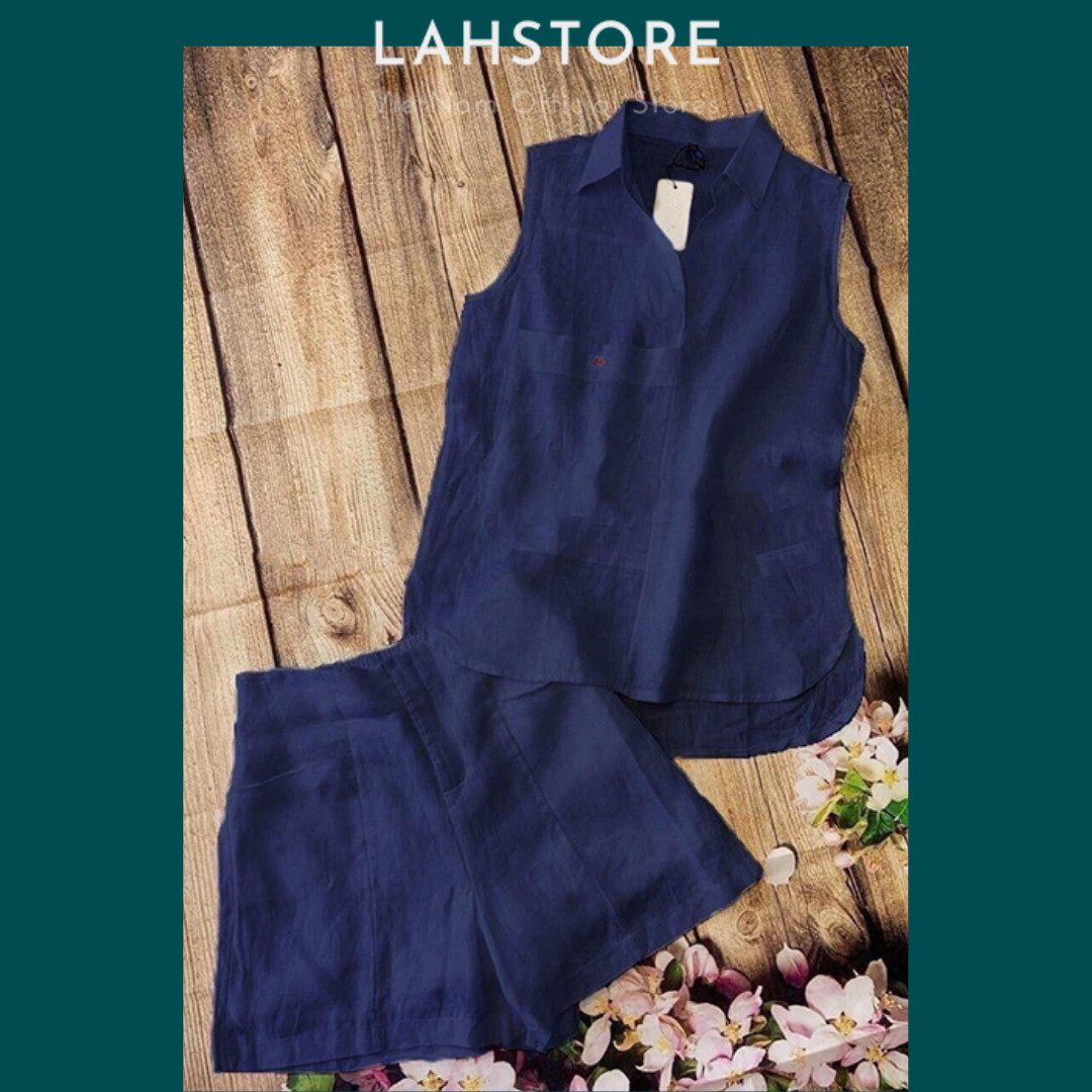 Đồ bộ nữ slinen chất linen áo sát nách cổ bẻ quần cộc trẻ trung dbnl03