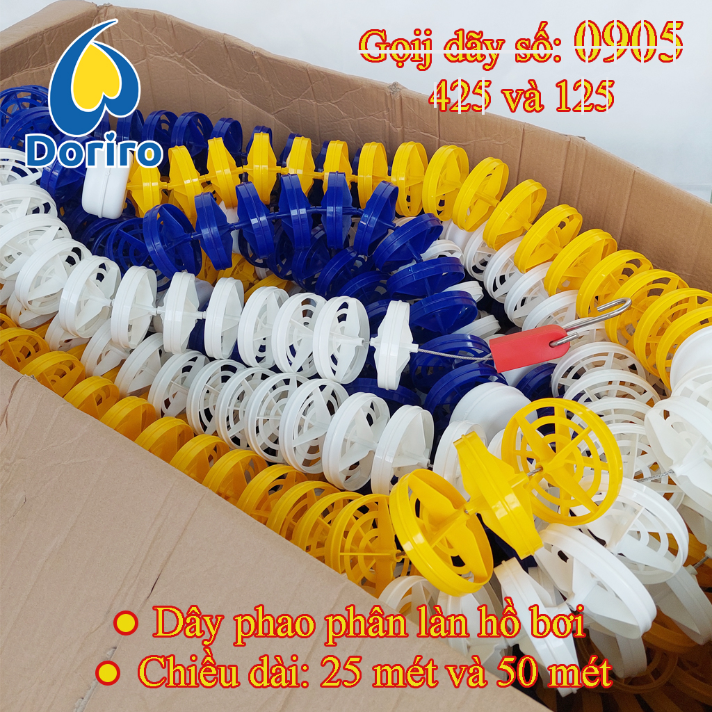 Dây phao phân làn hồ bơi, dài 25 mét và 50 mét HOẶC CHIỀU DÀI THEO YÊU CẪU CỦA KHÁCH, dây xuyên tâm bằng ny-long hoặc bằng thép.