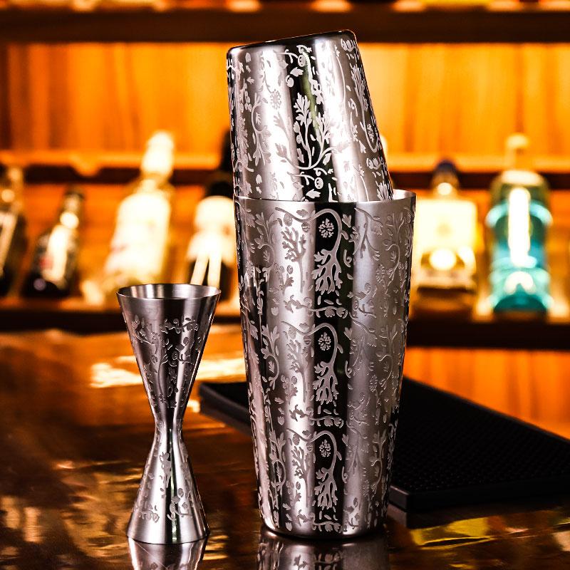 Boston Bình Lắc Cốc Tai Thép Không Rỉ Khắc Chạm Hoa Bình Shake Kiểu Mỹ Bình Pha Chế Bar Bartending Shaker