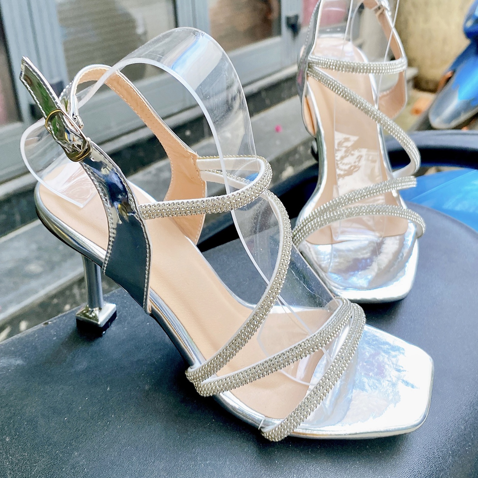 giày cao gót nữ sandal 4 dây đá 8 phân (BẠC)