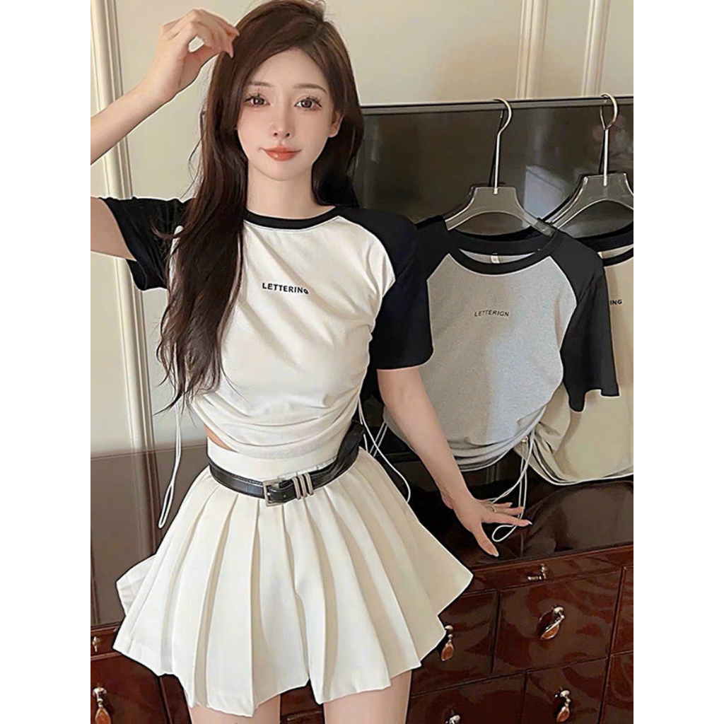 áo croptop rút dây 2 bên tay phối màu