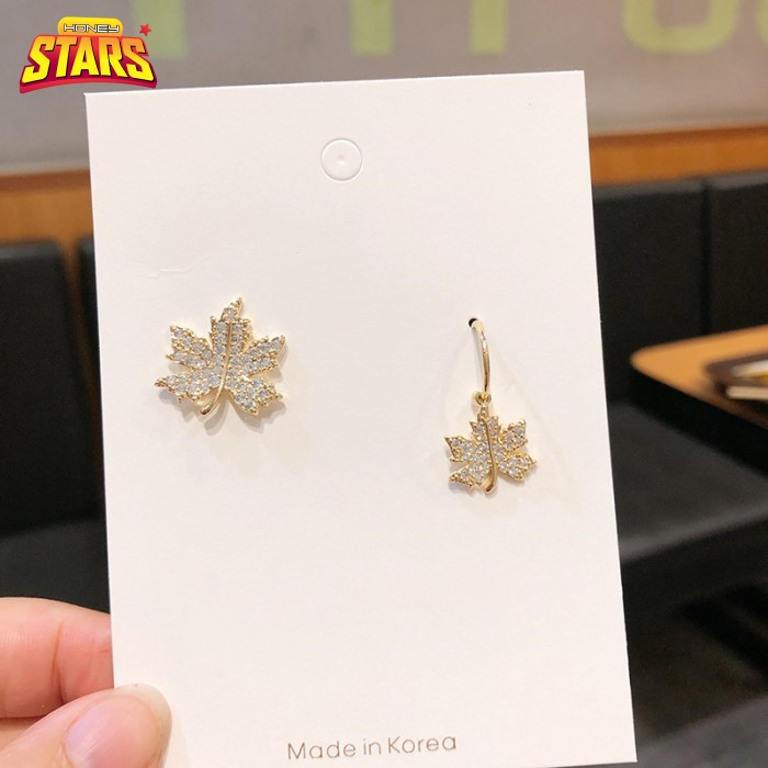 Bông tai nữ khuyên tai cá tính sang trọng cute S925 kim bạc bông tai bất đối xứng chiếc lá dát zircon Honey Stars-716451