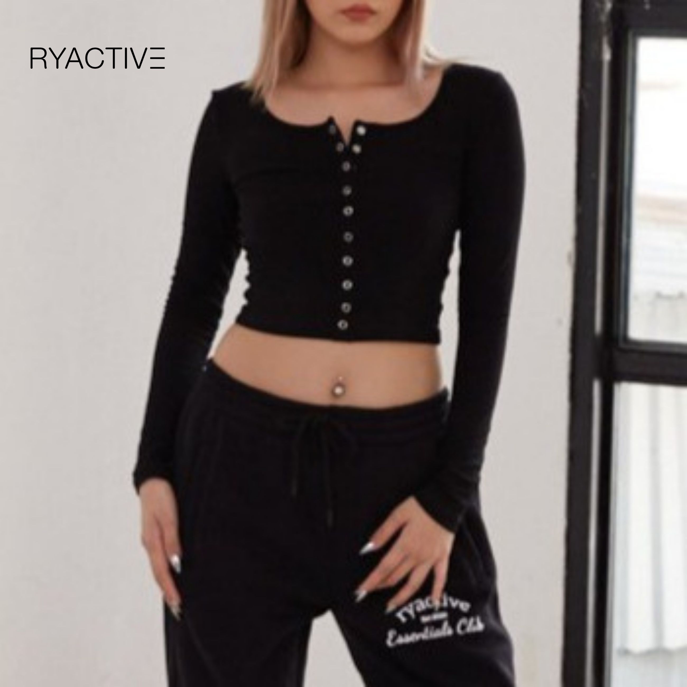 Áo thun nữ tay dài RYACTIVE -  BUTTON LONGSLEEVES Black