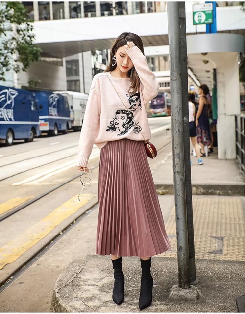 Chân váy xếp ly dáng dài hàng QC