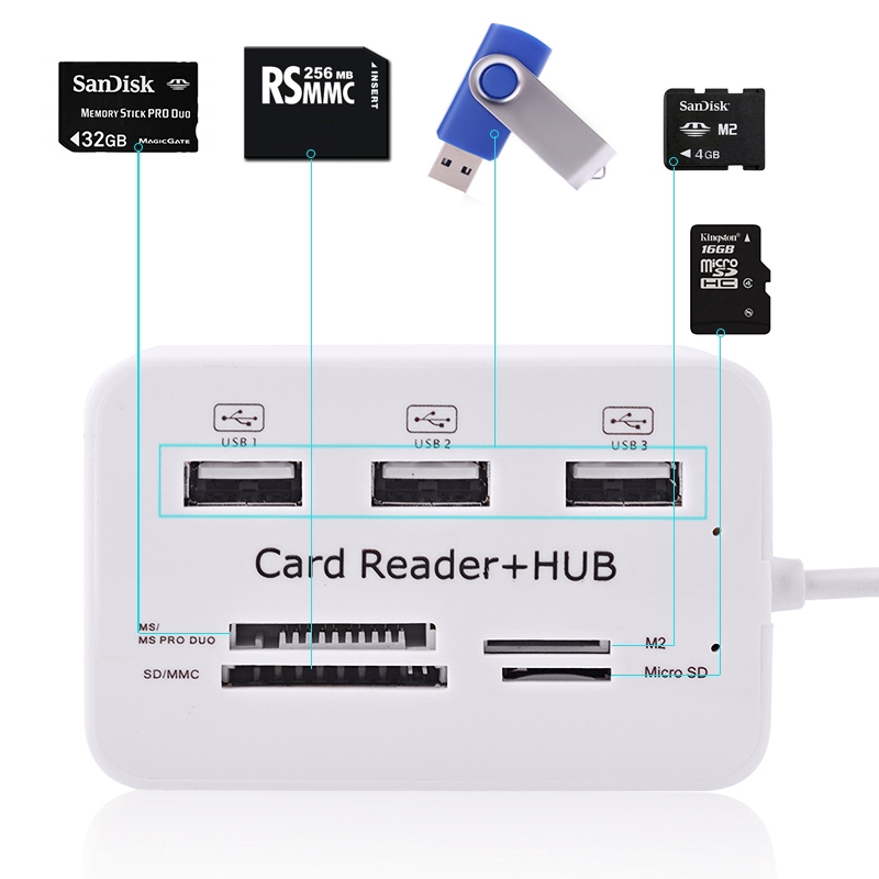 480 mbps5 Mbps Mini USB 2.0 Network Hub Card Reader High-Speed USB Hub COMBO with MS SD M2 TF Card Reader 3 Port USB Splitter for Laptop