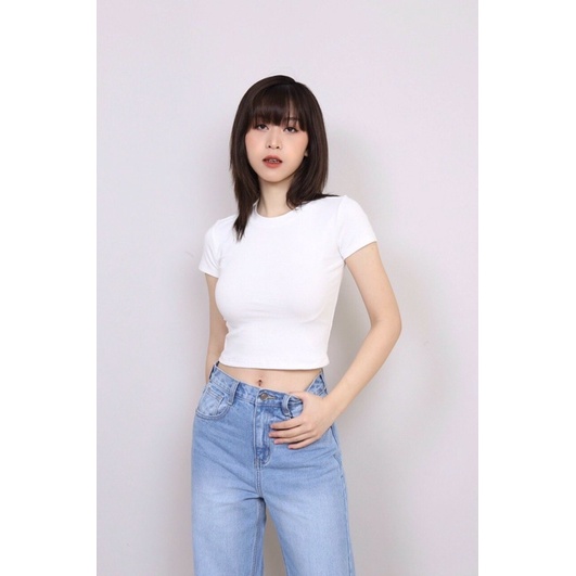 Áo phông croptop cổ tròn vải bozip ôm sát cotton co giãn
