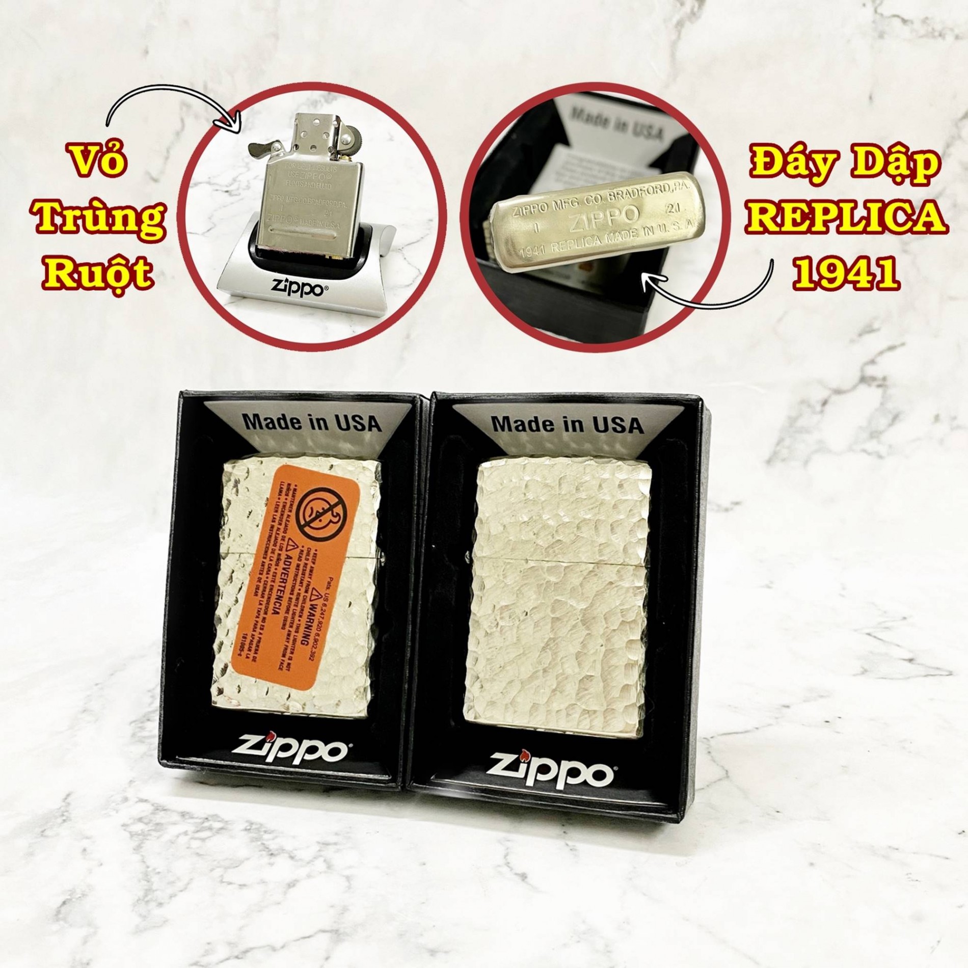 Bật lửa zippo mỹ rep-lica 1941 vân gõ búa 5 mặt - ruột usa - #bạc
