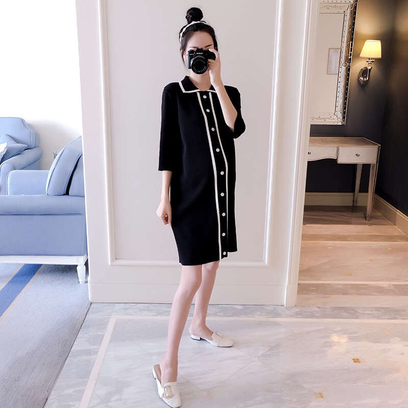 Váy bầu đen khuy trắng dọc dáng suông