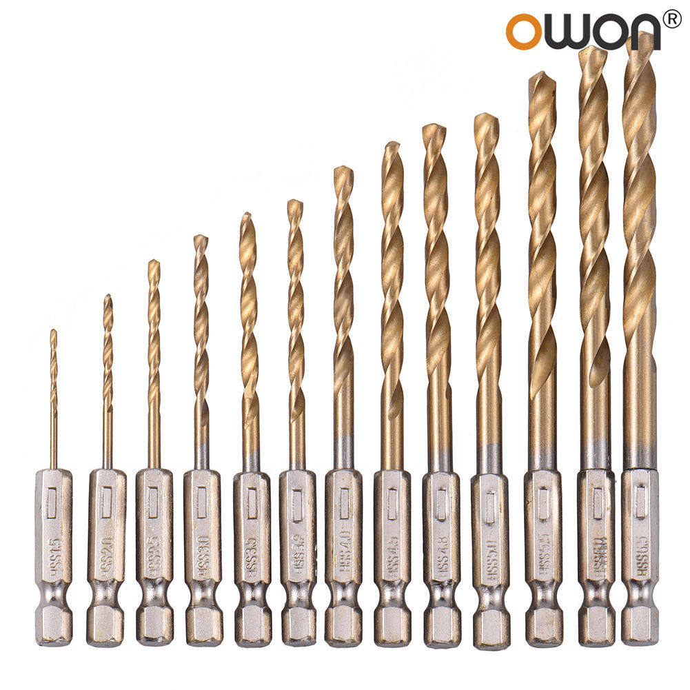 Bộ 13 mũi khoan chuôi lục giác dạng xoắn HSS có chất liệu titan