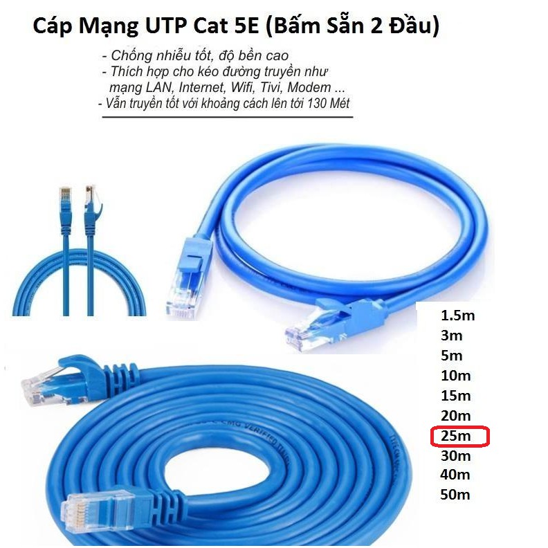 Cáp mạng (Lan) 25 mét đúc sẵn 2 đầu (xanh) Cat5E.