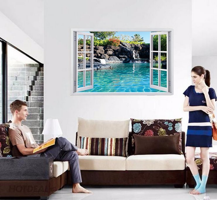Tranh dán tường 3D cửa sổ hồ nước BINBIN CS73 ( 100cm x 200cm)