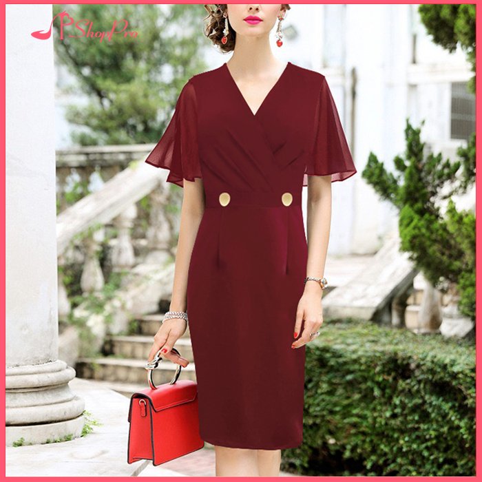 SHOPPRO – Đầm Suông Ôm Size Lớn Phối Voan Đính Kim Sa Kiểu Đầm Trung Niên Dự Tiệc Sang Trọng – Thời Trang Trung Niên 373 3331