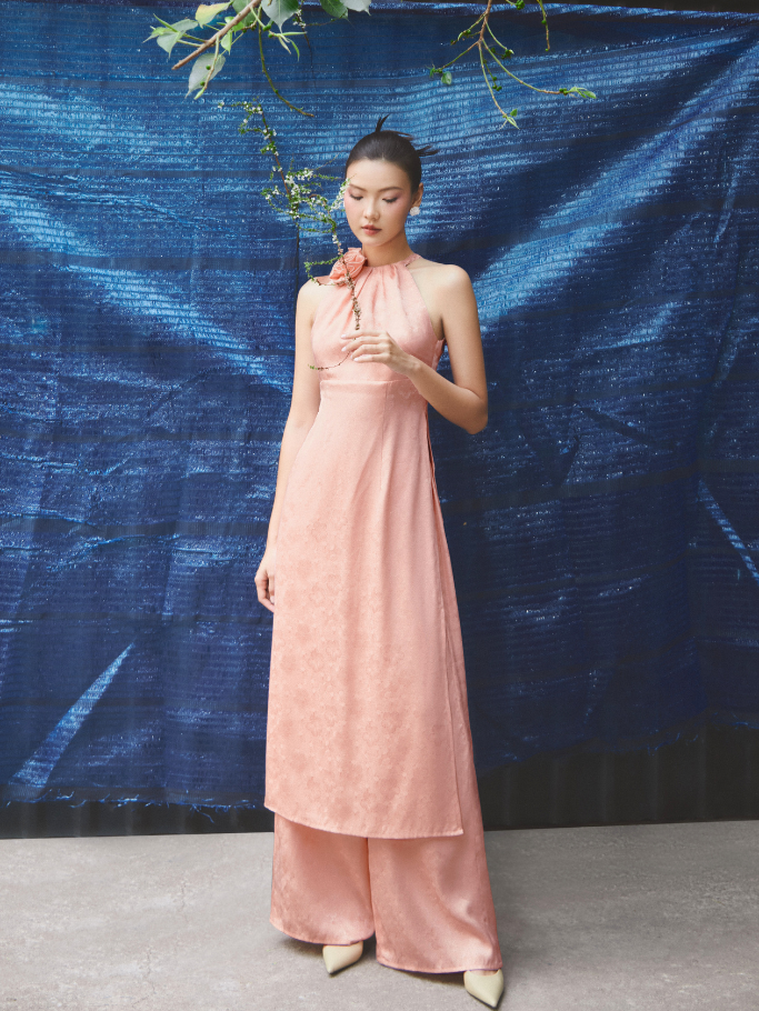 COCO SIN - Set Áo Dài Lụa Gấm Hồng Nude