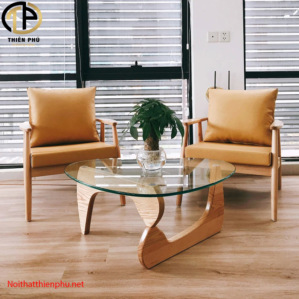 Bàn trà sofa chân gỗ Noguchi mặt kính