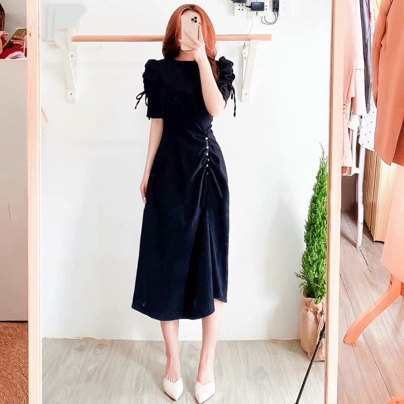 Đầm tay rút nút trắng 4 màu